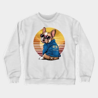 A vibrant vector illustration of a French Bulldog wearing sunglasses and a blue jean jacket, embodying a carefree(2) Crewneck Sweatshirt